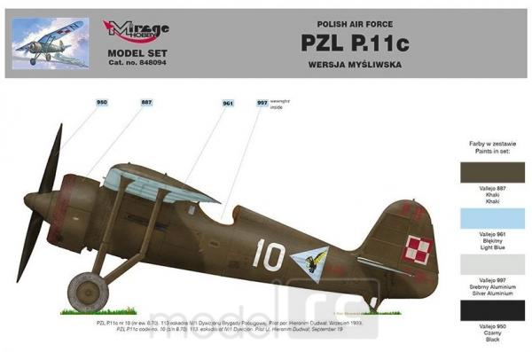 Plastový model Mirage PZL P.11c Polski samolot myśliwski set s farbami