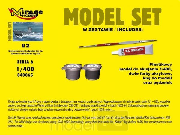 Plastikový model na lepenie Mirage 'U2' nemecká ponorka typ IIA set s farbami