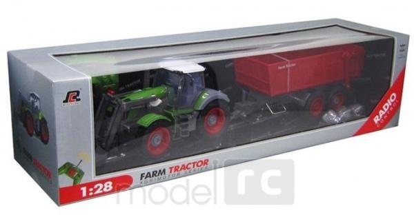 RC hračka na ovládanie Farm Traktor s lyžicou a vyklápacou vlečkou 1:28