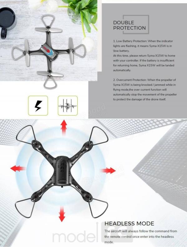 RC dron Syma X15W, FPV WiFi kamera, 2.4GHz, auto-start, funkcia zavesenia, biely